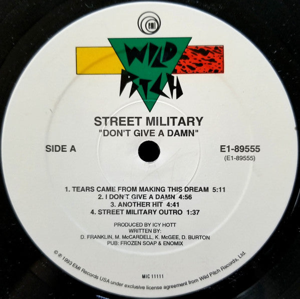 Image of Label Cover of 12" - VG/VG - STREET MILITARY, Don't Give A Damn (Wild Pitch Records; E1-89555, US 1993, Stickered Plain Sleeve), Light hairlines. WOL. Sleeve has edgewear and creases., - 4226341E
