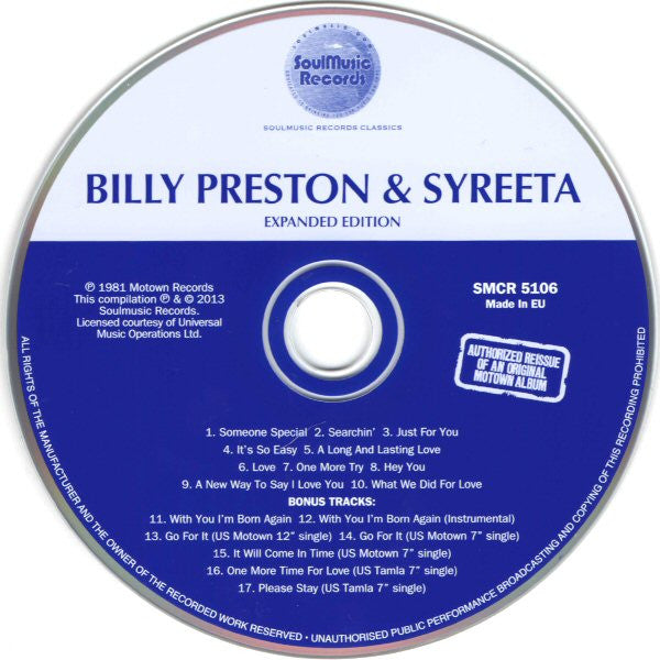 Image of Label Cover of CD - VG+/VG+ - BILLY PRESTON & SYREETA, Billy Preston & Syreeta (SoulMusic Records; SMCR 5106, UK 2013, Jewel Case, Booklet), , - 4236240E