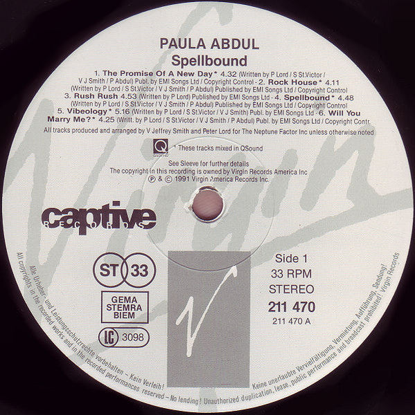 Image of Label Cover of LP - VG+/VG - PAULA ABDUL, Spellbound (Captive Records; 211 470, Europe 1991, Inner), , - 4246445S