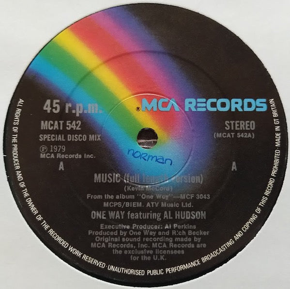 Image of Label Cover of 12" - VG/VG - ONE WAY FEATURING AL HUDSON, Music (Special U.S. Disco Mix) (MCA Records; MCAT 542, UK 1979, Picture Sleeve), Strong VG to sleeve!, - 4216675C