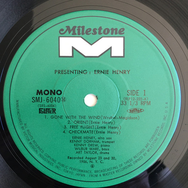 Image of Label Cover of LP - VG/VG+ - ERNIE HENRY, Presenting Ernie Henry (Milestone; SMJ-6040M, Japan 1974 Reissue, Pasteback Sleeve, Insert), Edge wear - not to spine, large seam split to top edge, no obi., - 4246458S