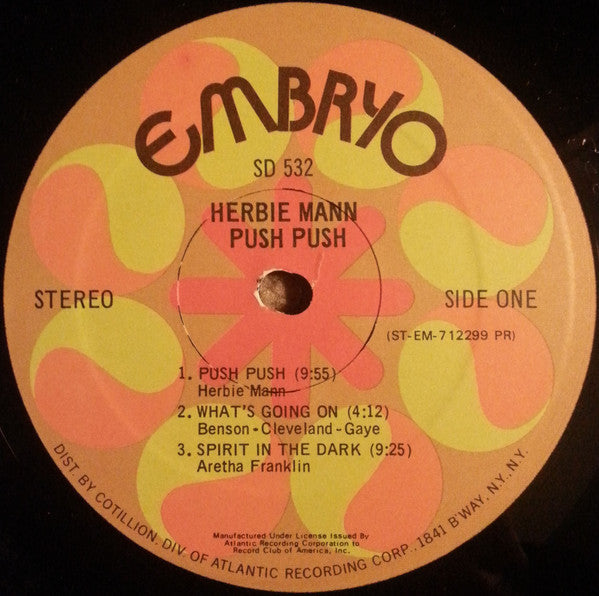 Image of Label Cover of LP - G+/VG - HERBIE MANN, Push Push (Embryo Records; SD 532, US 1971, Textured Die Cut Gatefold With Felt Sticker Inside, Presswell Pressing, Uncensored), Hairlines, one small feelable scratch on side 1. Large sticker damage on front on front of sleeve, seam split to top edge, edge wear, creasing, spine flattened. , - 4246484S