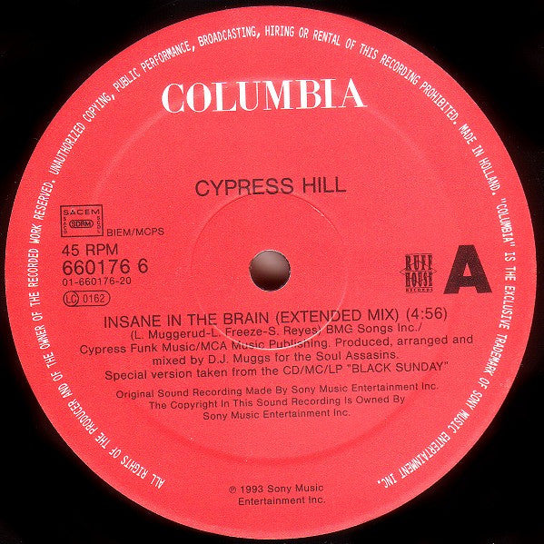Image of Label Cover of 12" - VG/VG - CYPRESS HILL, Insane In The Brain (Columbia; 660176 6, Europe 1993), Edge Wear, - 4346049S