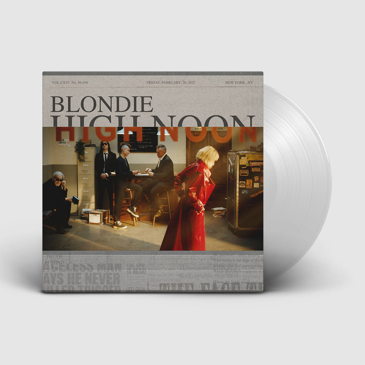 Image of Front Cover of LP - NEW/NEW - BLONDIE, High Noon (BMG; 964292101, UK 2027, Gatefold, Printed Inner, Indies Exclusive 140g Clear Vinyl), , Blondie's first album in nine years blends rock, punk, dance and Latin rhythms, with contributions from Johnny Marr, Glen Matlock, Zach Condon and members of Lucius. Produced in New York by John Congleton and David Wrench, it features the final recordings of co-founding drummer Clem Burke. - 9419623C