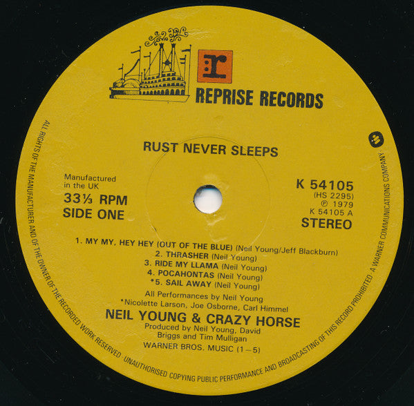 Image of Label Cover of LP - VG/G+ - NEIL YOUNG AND CRAZY HORSE, Rust Never Sleeps (Reprise Records; K 54105, UK 1979, Inner, No Insert), , - 4326059E