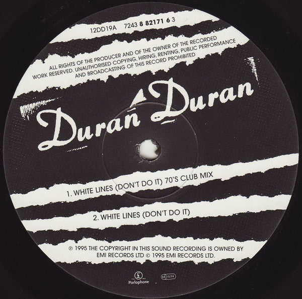 Image of Label Cover of LP - VG/VG+ - DURAN DURAN, White Lines (Don't Do It) (Parlophone; 12DD19, UK 1995, Hype Stickered Plain White Die Cut Sleeve), , - 4316232C