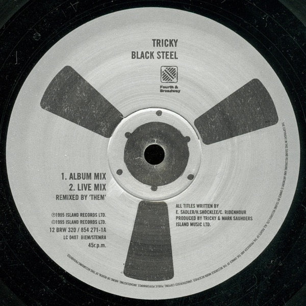 Image of Label Cover of 12" - VG+/VG+ - TRICKY, Black Steel (4th & Broadway; 12 BRW 320, Europe 1995, Picture Sleeve), Promo sticker on sleeve., - 4316264C