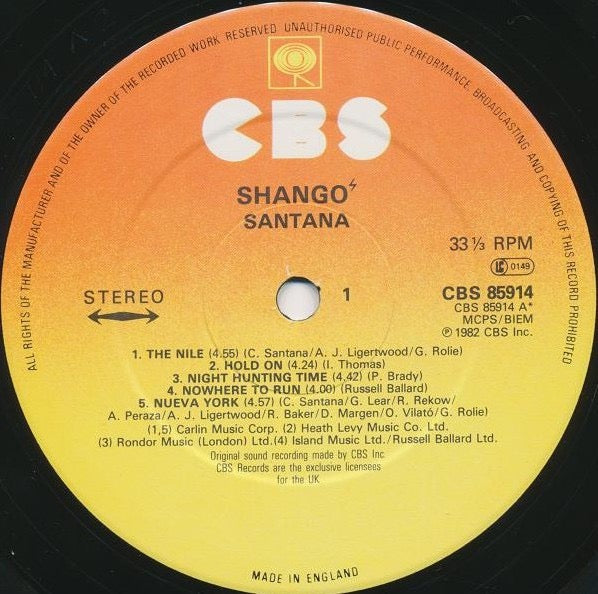Image of Label Cover of LP - VG/VG - SANTANA, Shango (CBS Sunburst Labels; CBS 85914, UK 1982, Inner), , - 4316286C
