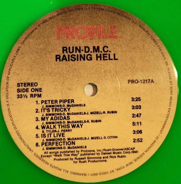 Image of Label Cover of LP - VG+/VG+ - RUN DMC, Raising Hell (Profile Records / Vinyl Me Please; PRO-1217, US 2022 Reissue, Stencil, 180 Gram Green Neon Vinyl, with Obi), , - 4346097S