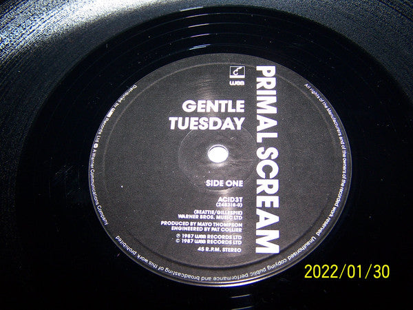 Image of Label Cover of 12" - VG/VG - PRIMAL SCREAM, Gentle Tuesday (Elevation; ACID 3T, UK 1987, Picture Sleeve), Edge and Ring Wear, Light Stains On Back Sleeve, - 4246305S