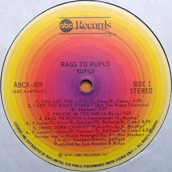 Image of Label Cover of LP - VG/VG+ - RUFUS FEATURING CHAKA KHAN, Rags To Rufus (ABC Records; ABCX-809, Canada 1974), , - 4326223E