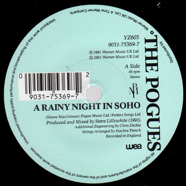 Image of Label Cover of 7" - VG/VG+ - THE POGUES, A Rainy Night In Soho (WEA; YZ603, UK 1991, Picture Sleeve), Small promo sticker on rear of sleeve., - 4316473C