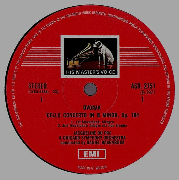Image of Label Cover of LP - VG+/VG+ - JACQUELINE DU PRE, CHICAGO SYMPHONY ORCHESTRA, DANIEL BARENBOIM, Dvorak: Cello Concerto In B Minor & "Silent Woods" Adagio For Cello & Orchestra (HMV Red, Coloured Nipper Box; ASD 2751, UK , Laminated Flipback Sleeve), , - 4326197E