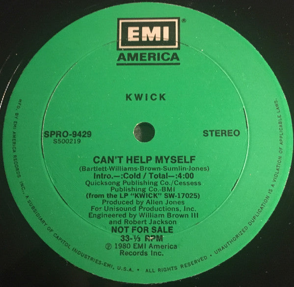 Image of Front Cover of 12" - VG/VG - KWICK, Can't Help Myself (EMI America; SPRO-9429, US 1980, Promo, Company Sleeve), , - 4326350E