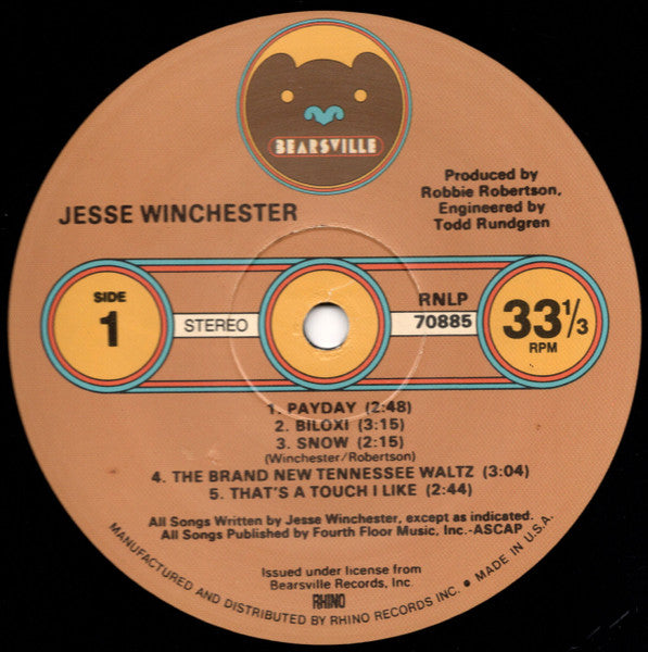 Image of Label Cover of LP - VG+/VG+ - JESSE WINCHESTER, Jesse Winchester (Rhino Records; RNLP 70885, US 1988 Reissue, Textured Sleeve, Rainbo Pressing), Subtle yellowing to opening edge., - 4346325S