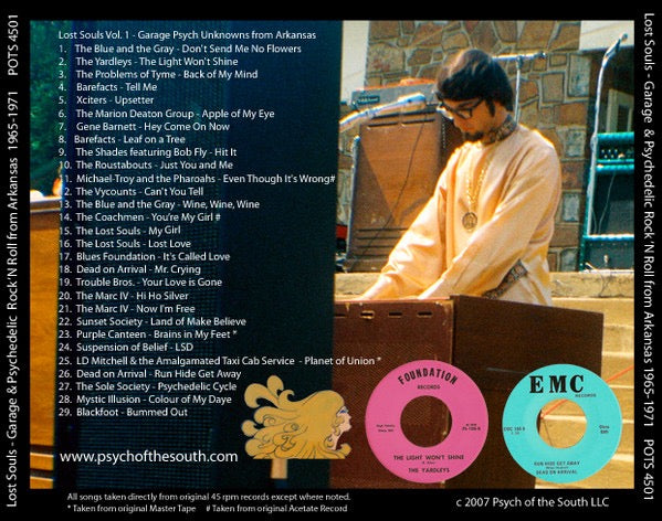 Image of Back Cover of CD - VG+/VG - VARIOUS, Lost Souls Volume 1 (1960s Garage And Psychedelic Rock'n'Roll From The Un-Natural State - Arkansas) (Psych Of The South; POTS 4501, US 2007, Jewel Case), , - 4316799C