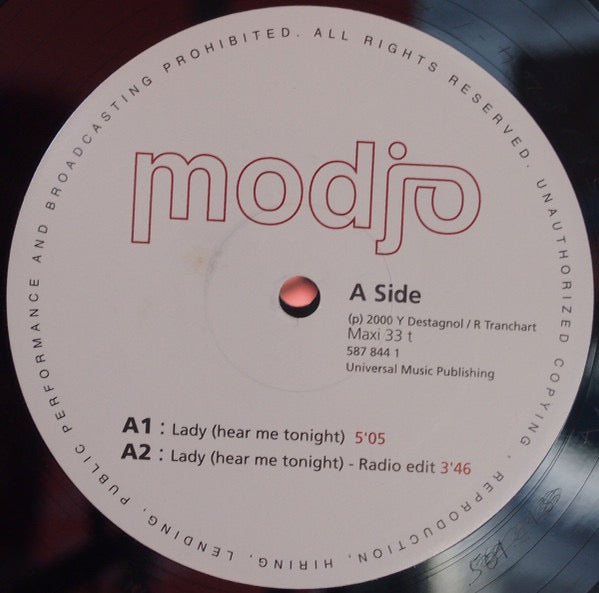 Image of Label Cover of 12" - VG+/G+ - MODJO, Lady (Hear Me Tonight) (Universal Music Publishing; 587 844 1, France 2000, Picture Sleeve), Light hairlines only, close to VG., - 4316754C
