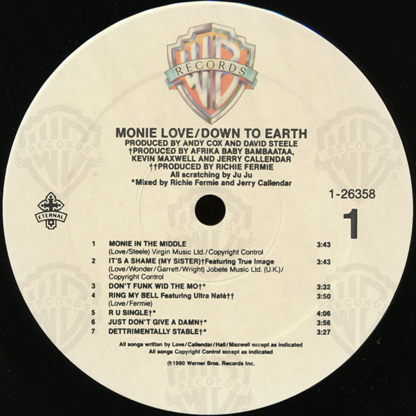 Image of Label Cover of LP - G+/VG - MONIE LOVE, Down To Earth (Warner Bros. Records; 1-26358, US 1990, Inner), Light marks to disc, sleeve has some water damage, - 4326360E