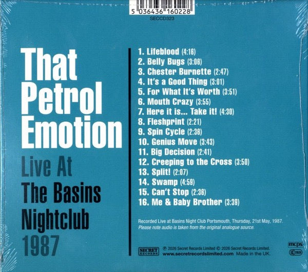 Image of Back Cover of CD - M/M - THAT PETROL EMOTION, Live At The Basins Nightclub 1987 (Secret Records Limited; SECCD323, UK 2026, Fold Out Sleeve), Still In Hype Stickered Shrinkwrap, - 4316817C