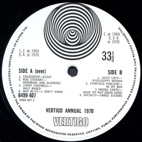 Image of Label Cover of 2xLP - G+/G+ - VARIOUS, Vertigo Annual 1970 (Vertigo Spiral; 6657001, UK 1970, Gatefold, No Inners), Long but light scratch on Disc 2, Side B. Hairlines on rest of discs. Heavy edge wear, sticker residue/damage, seam splits, staining, sleeve indents. , - 4346363S