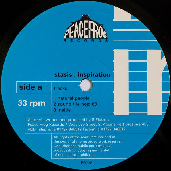 Image of Label Cover of 2xLP - VG/G+ - STASIS, Inspiration (Peacefrog Records; PF028, UK 1995), Light hairlines and storage marks, writing on labels. Corners and edges of sleeve worn., - 4416041C