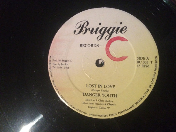 Image of Front Cover of 12" - /VG+ - DANGER YOUTH / DADDY FREDDIE, MILO & RICKY RANKING, Lost In Love / Rizla & Mi Weed (Briggie C Records; BC 003 T, UK ), Hairline marks only, plays VG+, - 4446055S