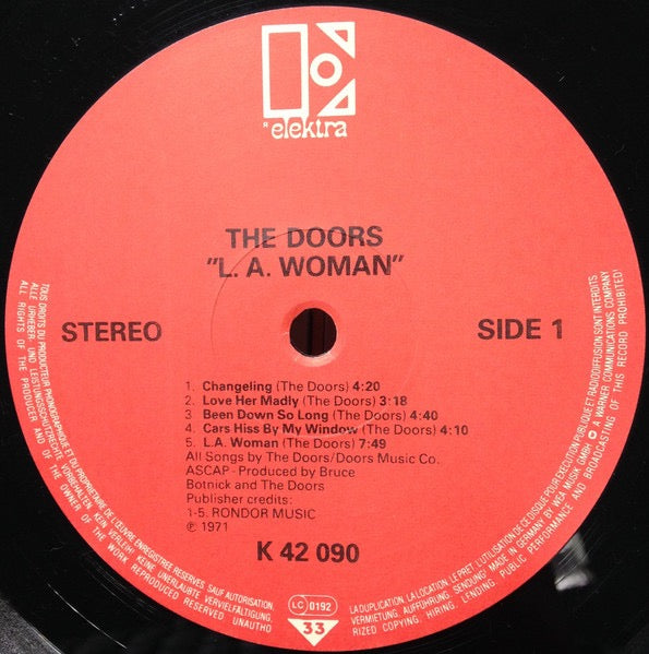 Image of Label Cover of LP - VG/VG - THE DOORS, L.A. Woman (Elektra Red Labels With White Logo/Rim Text & No GEMA Box; K 42 090, Europe 1984 Reissue), Strong VG, - 4416082C