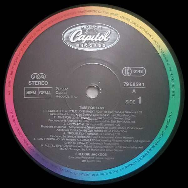 Image of Label Cover of LP - VG/VG+ - FREDDIE JACKSON, Time For Love (Capitol Records; 7968591, Europe 1992, Picture Sleeve, Inner), , - 4426043E