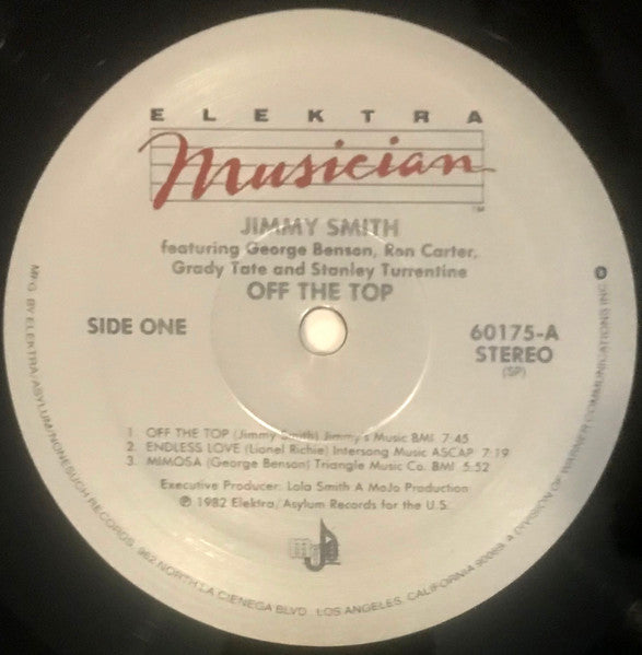 Image of Label Cover of LP - G+/VG - JIMMY SMITH FEATURING GEORGE BENSON, RON CARTER, GRADY TATE, STANLEY TURRENTINE, Off The Top (Elektra Musician; 60175, US 1982), Sleeve slightly discoloured, stained, creased, a sticker on reverse, - 4416584C