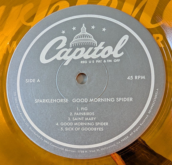 Image of Label Cover of 2xLP - VG+/VG+ - SPARKLEHORSE, Good Morning Spider (Capitol Records; 00199957528023, US 2026 Reissue, Gatefold, Orange Transparent Vinyl. with 7", with Obi, Ltd to 3000, Numbered), No. 1712, - 4446236S