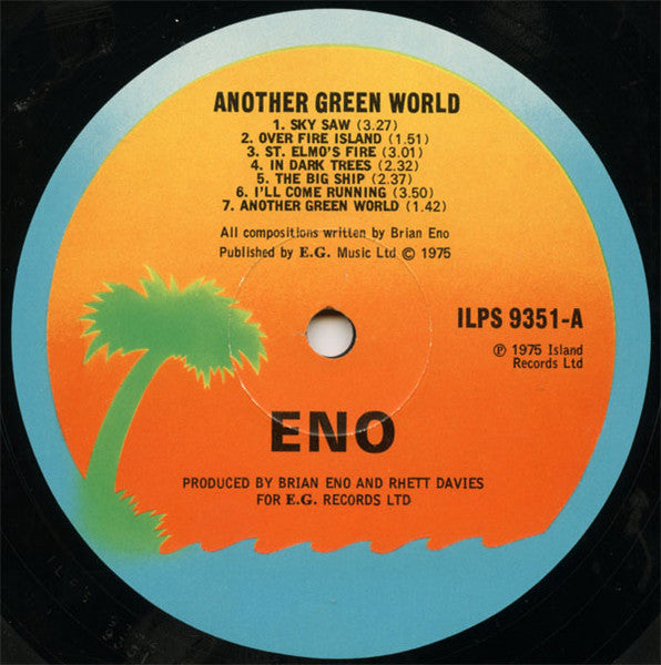 Image of Label Cover of LP - G+/VG - BRIAN ENO, Another Green World (Island Blue & Orange; ILPS 9351, UK 1975, Company Inner, Original UK issue), Light hairlines. Sleeve has frayed spine, staining and discolouration, creases. Bottom of inner has split. , - 3026178E