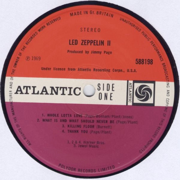 Image of Label Cover of LP - G+/VG - LED ZEPPELIN, Led Zeppelin II (Atlantic red/maroon labels; 588 198, UK 1970 Reissue, Gatefold, 3rd issue, Killing Floor Label. JPJ credits say 'Baldwin' on Side 2.), Strong VG - a few light marks, edge & ring wear, - 2546251S