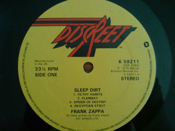 Image of Label Cover of LP - VG+/VG+ - FRANK ZAPPA, Sleep Dirt (Discreet; K59211, UK 1979), , - 4146001S