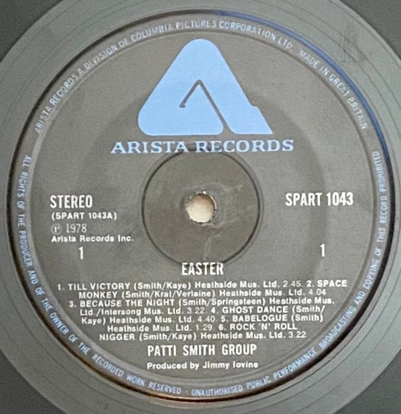 Image of Label Cover of LP - VG+/G+ - PATTI SMITH GROUP, Easter (Arista; SPART 1043, UK 1978, Laminated Sleeve, Insert, "EASTER" In Capital Letters On Labels.), Writing on Insert, - 1626246E