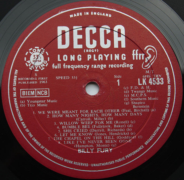 Image of Label Cover of LP - VG/VG - BILLY FURY, Billy (Decca Red Unboxed; LK 4533, UK 1963, Laminated Flipback Sleeve, Mono), Slight Spine Damage, - 1726247E