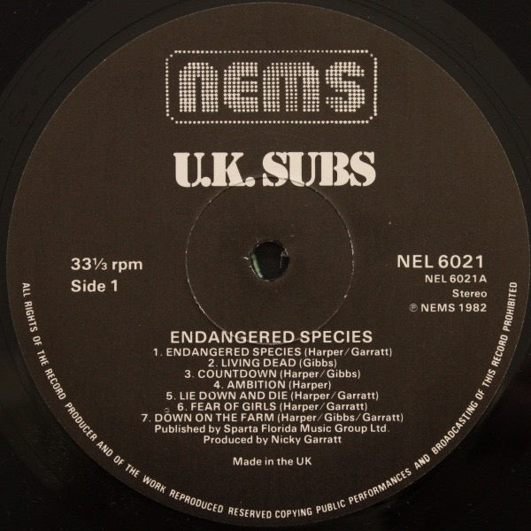 Image of Label Cover of LP - VG/G+ - U.K. SUBS, Endangered Species (NEMS; NEL6021, UK 1982, Insert), Quite a few little light surface marks, Lightly worn sleeve, - 3316212C