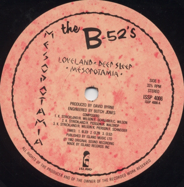 Image of Label Cover of LP - VG/G - THE B-52'S, Mesopotamia (Island; ISSP 4006, UK 1982, Black Inner, Red Mottled Design Labels.), Lots of hairline surface marks, - 3816270C