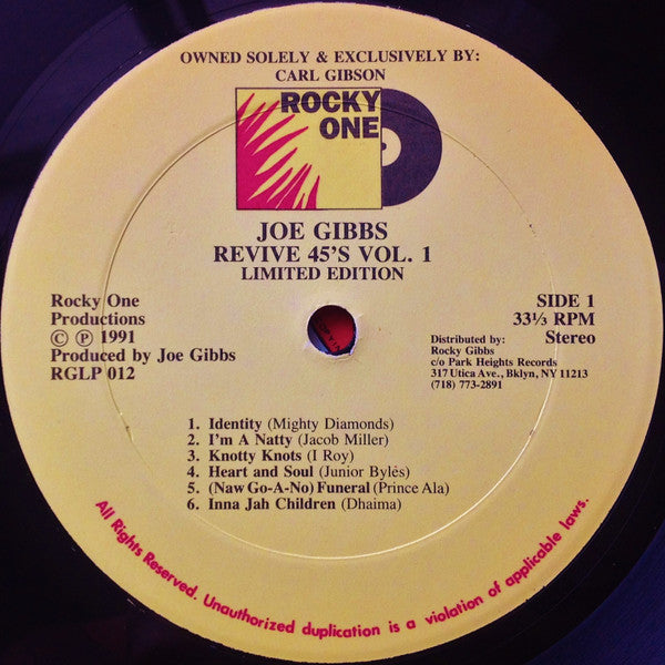 Image of Label Cover of LP - VG/VG+ - VARIOUS ARTISTS, Joe Gibbs Revive 45's Vol. 1 (Rocky One; RGLP 012, US 1991, Picture sleeve, Limited Edition / Stereo), , - 3246295S