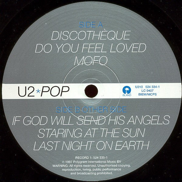 Image of Label Cover of 2xLP - VG/VG - U2, Pop (Island; U2 10, UK 1997, Gatefold, 2 Inners & Insert, Stickered Sleeve), Some light wispy hairlines, Glossy discs, Light sleeve wear only , - 3716087C