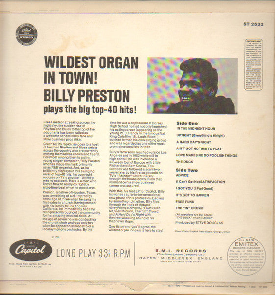 Image of Back Cover of LP - VG+/VG+ - BILLY PRESTON, Wildest Organ in Town (Capitol; ST2532, UK 1966, Flipback Sleeve, Stereo), Light ringwear on sleeve., - 3326143E