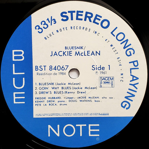 Image of Label Cover of 4545306S: LP - JACKIE MCLEAN, Bluesnik (Blue Note; BST 84067, France 1984 Reissue, Stereo) Slight discolouring to sleeve from storage. Some superficial marks on both sides of record. VG/VG