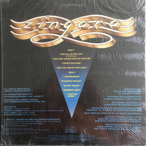 Image of Back Cover of LP - VG/G+ - ZINGARA, Zingara (Wheel Records; WHA 10001, US 1981, Picture Sleeve), , - 0726063E