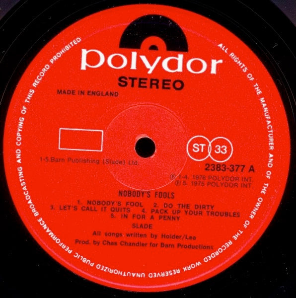 Image of Label Cover of LP - VG/VG - SLADE, Nobody's Fools (Polydor; 2383377, UK 1976, Inner), Strong VG, - 2215265C
