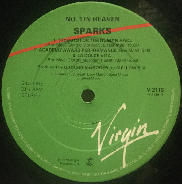 Image of Label Cover of LP - VG/G+ - SPARKS, No 1 In Heaven (Virgin; V2119, UK 1979, Inner, With Giorgio Moroder), Visually G+ with fair few hairline marks, Plays VG, Light sleeve wear. , - 3116080S