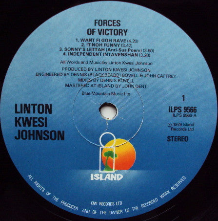 Image of Label Cover of LP - VG/VG - LINTON KWESI JOHNSON, Forces Of Victory (Island Records ; ILPS 9566, UK 1979, Laminated Sleeve, Inner, EMI on labels), Quite a few light lines, shiny copy, plays ok. Light storage on sleeve., - 2216407C