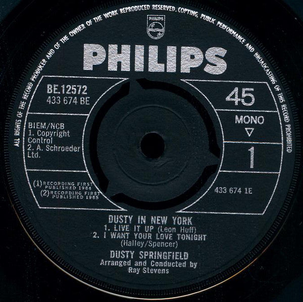 Image of Label Cover of 7" EP - VG/VG - DUSTY SPRINGFIELD, In New York (Philips; BE12572, UK 1965, Picture Sleeve, Mono), Strong VG, - 4126106E