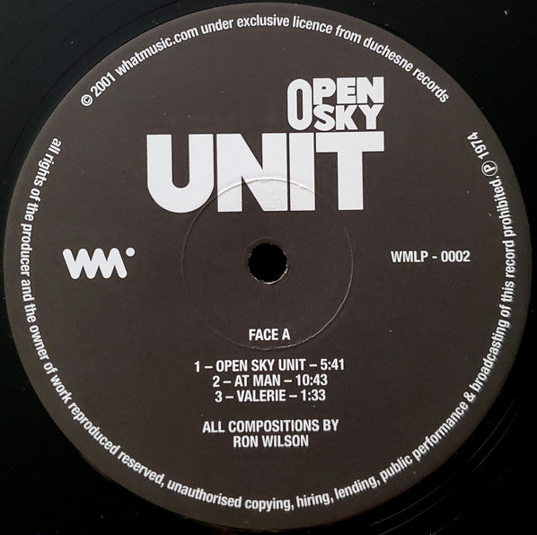 Image of Label Cover of LP - VG+/VG - OPEN SKY UNIT, Open Sky Unit (WhatMusic; WMLP002, UK 2001 Reissue, Insert), Strong VG to disc - light marks only. Sleeve still in stickered shrink., - 2316244C