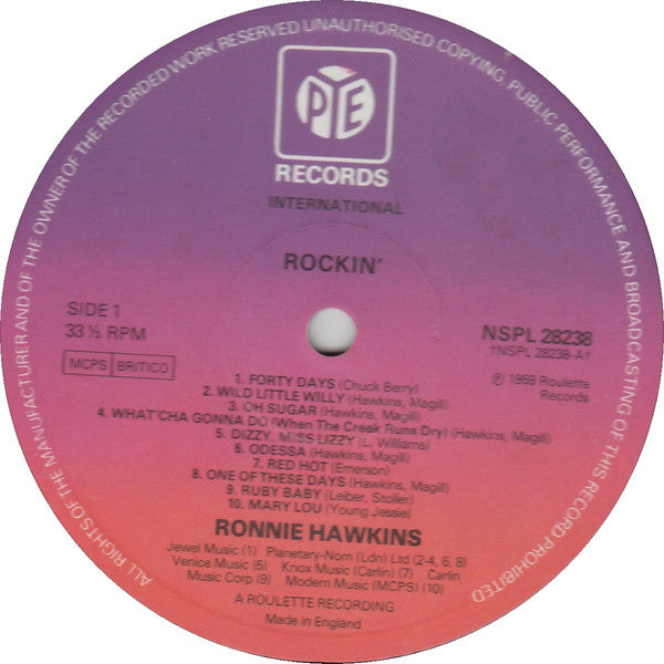 Image of Label Cover of LP - VG+/VG+ - RONNIE HAWKINS, Rockin' (Pye International; NSPL 28238, UK 1978), , - 3026079E