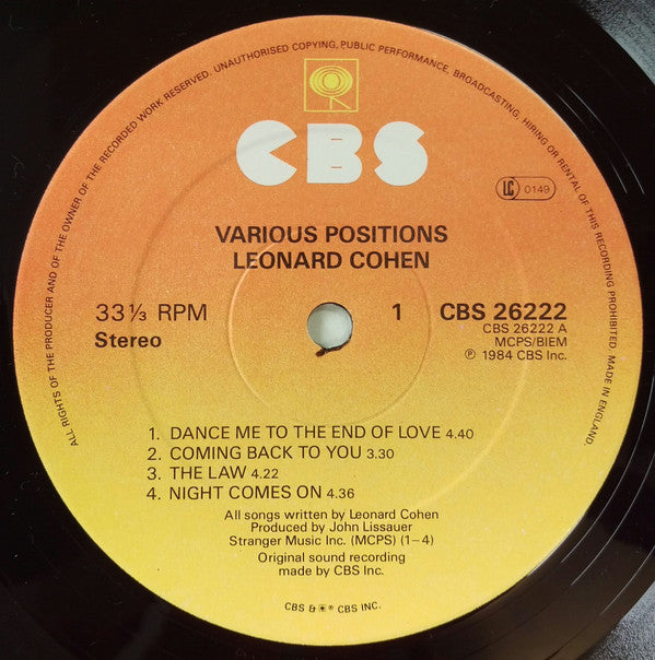 Image of Label Cover of LP - VG/G+ - LEONARD COHEN, Various Positions (CBS; 465569, UK 1984, Includes Original Version of "Hallelujah"), Edge wear and marks. Writing on rear cover. Lots of light hairlines on disc., - 3746218S