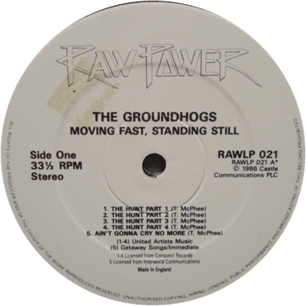 Image of Label Cover of 2xLP - VG/VG+ - GROUNDHOGS, Moving Fast - Standing Still (Raw Power; RAWLP021, UK 1986, Gatefold), Sleeve varnish removed in top right corner from sticker, - 4115238C